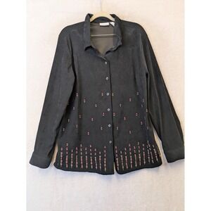 Cascade Blue Womens Black Floral Embroidered Beaded Button Down Shirt Size L